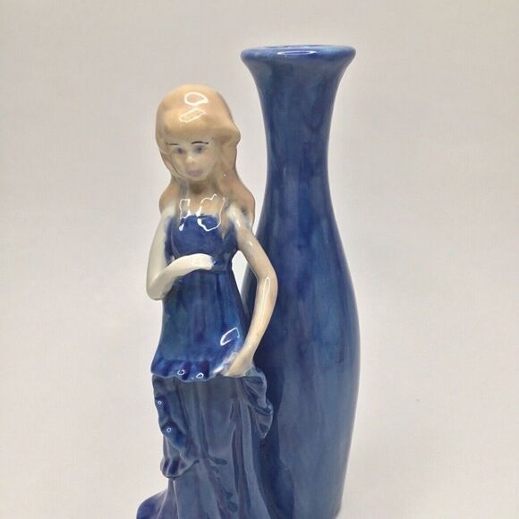 Vintage Rare Handmade Blue Two In One Porcelain Figurine/Vase Sign by Rose 8"T